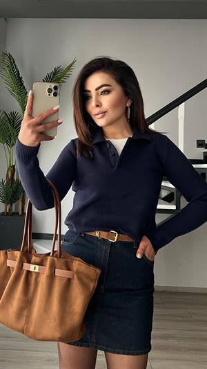 Lacivert Polo Yaka Tok Doku Triko Kazak