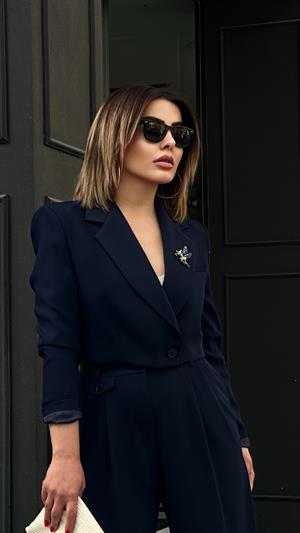 Lacivert Premium Astarlı Düğmeli Crop Ceket 
