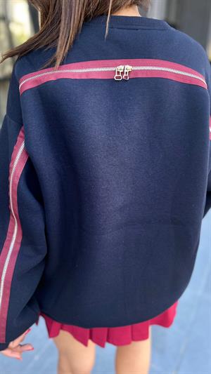 Lacivert Sırtı Fermuarlı Tasarım Sweatshirt