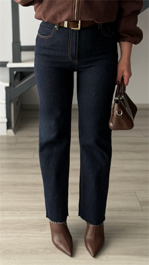 Lacivert Süet Kemerli Likralı Straight Jean
