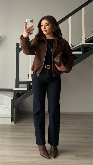 Lacivert Süet Kemerli Likralı Straight Jean