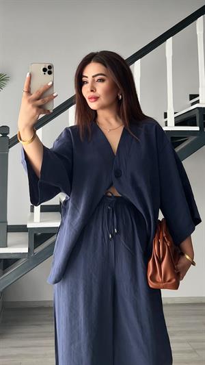 Lacivert Tek Düğme Bluz-Pantolon Takım