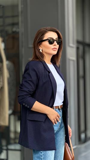 Lacivert Tek Düğme Yün Efekt Blazer Ceket 