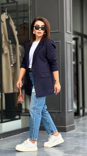 Lacivert Tek Düğme Yün Efekt Blazer Ceket 