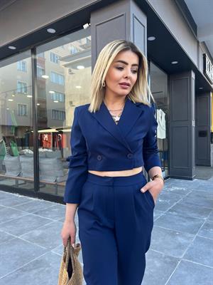Lacivert Tek Düğmeli Crop Ceket
