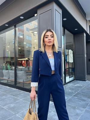 Lacivert Tek Düğmeli Crop Ceket