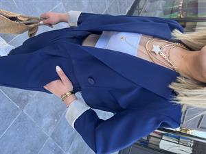 Lacivert Tek Düğmeli Crop Ceket