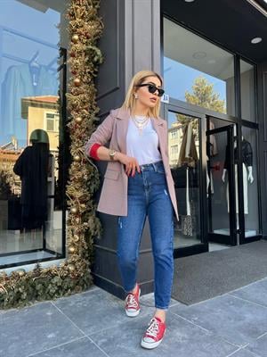 Lacivert Tırnak Detaylı Mom Jean