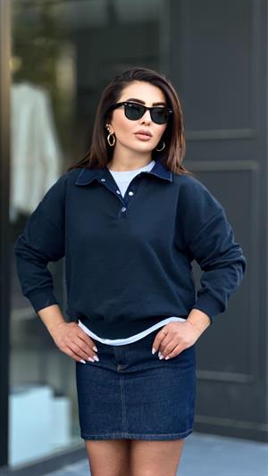 Lacivert Yakası Garnili Sweatshirt