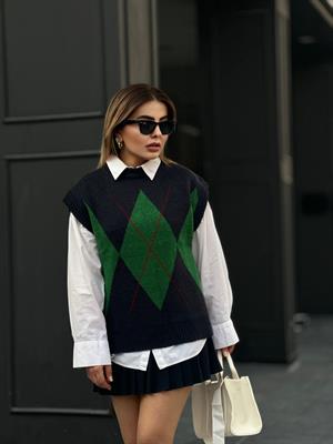 Navy Blue and Green Diamond Pattern Sweater