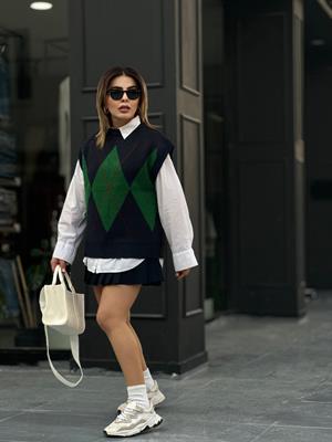 Navy Blue and Green Diamond Pattern Sweater