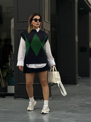 Navy Blue and Green Diamond Pattern Sweater