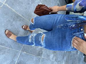 Lacivert Yırtık Detaylı Mom Fit Jean 