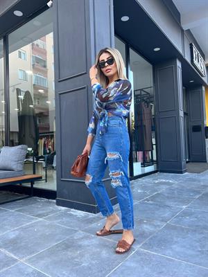 Lacivert Yırtık Detaylı Mom Fit Jean 