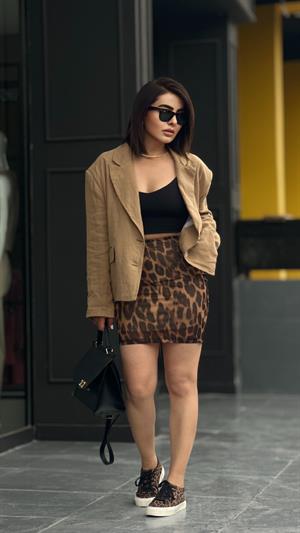 Leopar Desen Astarlı Mini Tül Etek