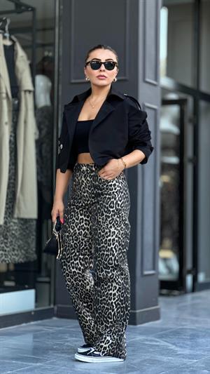 Leopar Desen Gabardin Pantolon 
