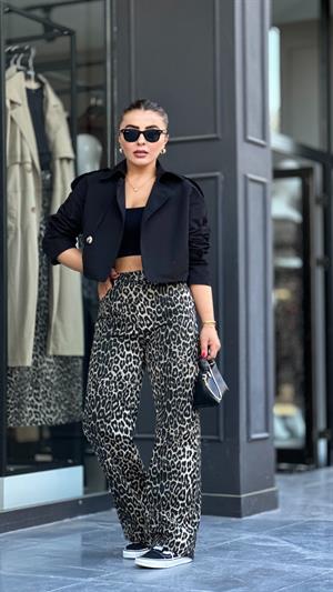 Leopar Desen Gabardin Pantolon 