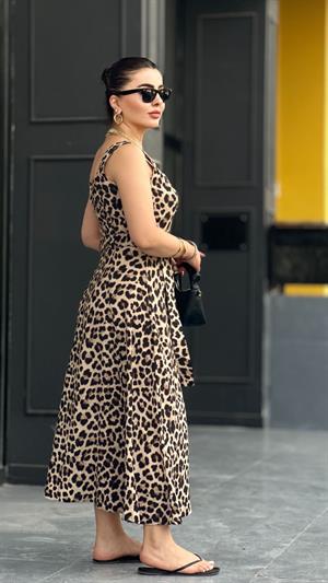 Leopar Desen Gold Düğme Detaylı Kuşaklı Elbise 