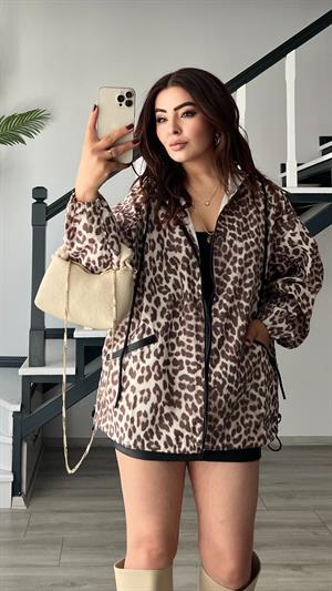 Leopar Desen Kapüşonlu Yağmurluk