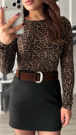 Leopar Desen Kayık Yaka Kaşmir Bluz