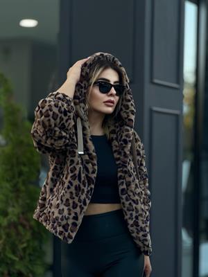 Leopar Desen Peluş Kapüşonlu Mont