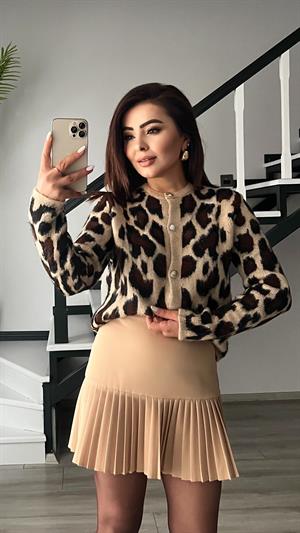 Leopar Desen Şardonlu Hırka 
