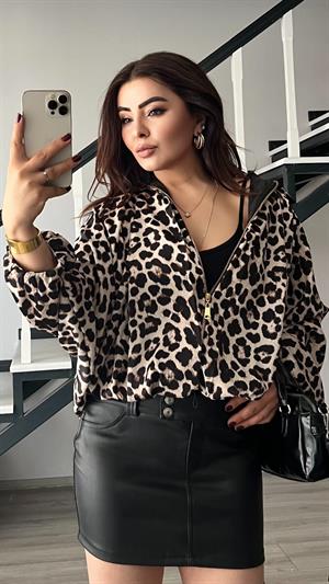 Leopar Desen Saten  Bomber Trençkot