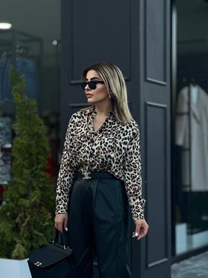 Leopar Desen Saten Gömlek 