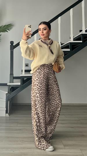 Leopar Desen Saten Pantolon