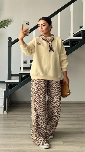 Leopar Desen Saten Pantolon