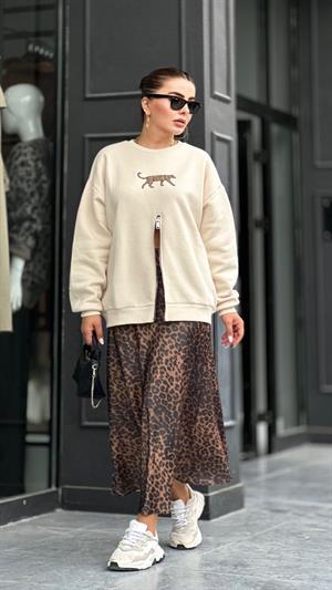Leopar Desen Saten Verev Etek