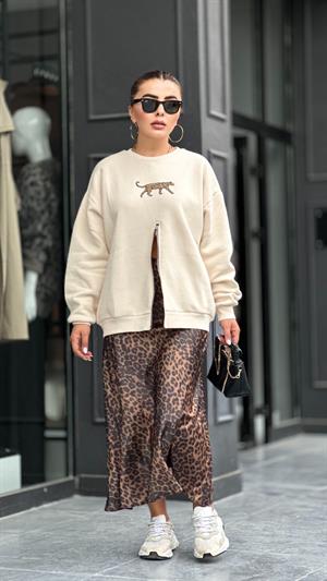 Leopar Desen Saten Verev Etek