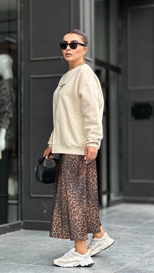 Leopar Desen Saten Verev Etek