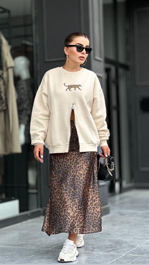 Leopar Desen Saten Verev Etek