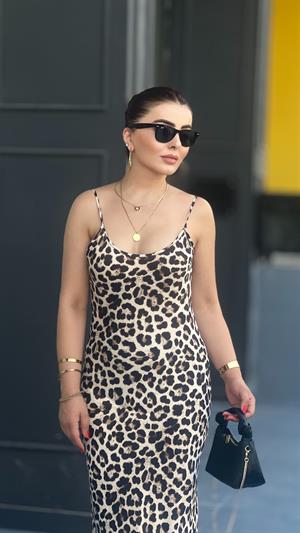 Leopar Desen Tok Saten Ayarlanabilir Askılı Elbise