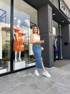 Likralı Yandan Düğmeli Denim Etek 