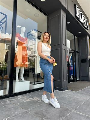 Likralı Yandan Düğmeli Denim Etek 