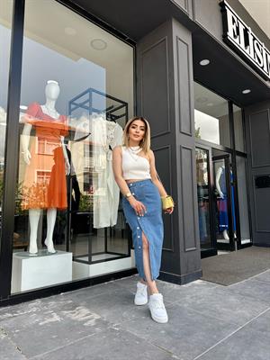 Likralı Yandan Düğmeli Denim Etek 