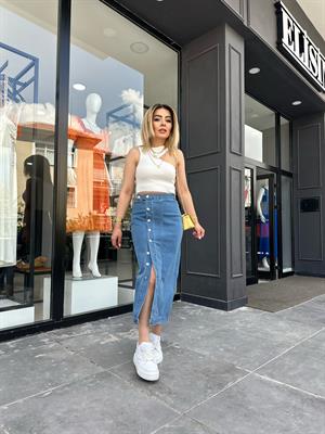 Likralı Yandan Düğmeli Denim Etek 