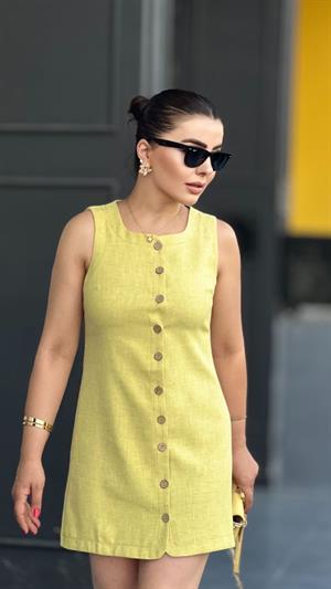 Lime Düğme Detaylı Mini Elbise