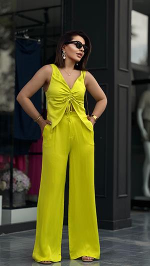 Lime Saten Askılı Bluz Pantolon Takım