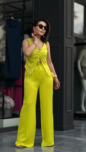 Lime Saten Askılı Bluz Pantolon Takım