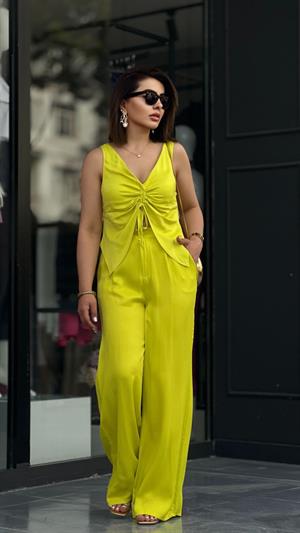 Lime Saten Askılı Bluz Pantolon Takım
