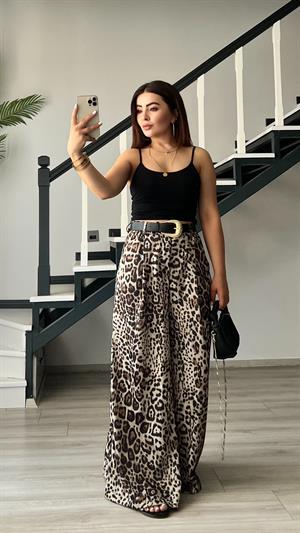 Marka Model Leopar Desen Kemerli Saten Pantolon