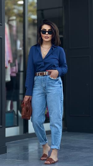 Mavi Arkası Boydan Pens Detaylı Slouchy Fit Jean 