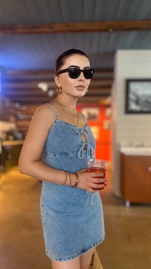 Mavi Askılı Verev Kesim Denim Elbise 