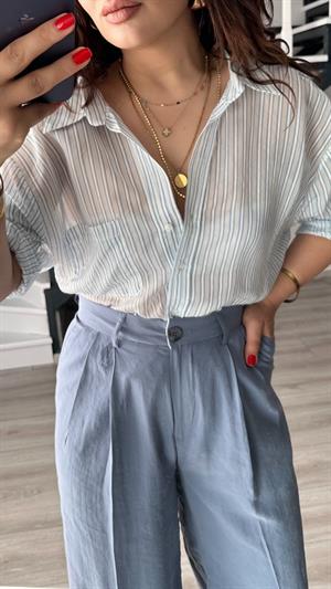 Mavi Boydan Çizgili Oversize Gömlek