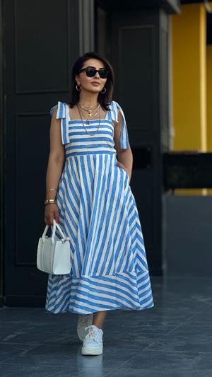 Blue Striped Off-Shoulder Dress