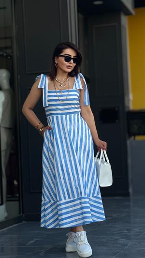 Blue Striped Off-Shoulder Dress