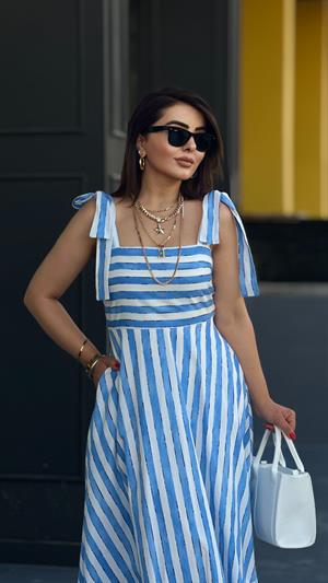 Blue Striped Off-Shoulder Dress